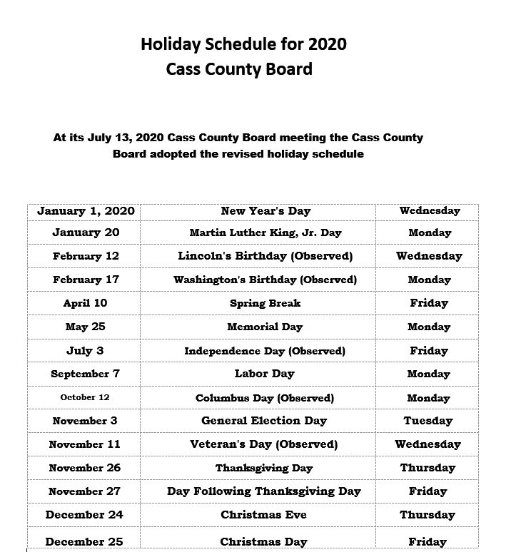 Cass County Holiday Schedule